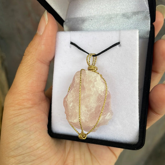 Raw rose quartz wire-wrapped pendant - Rivendell Shop