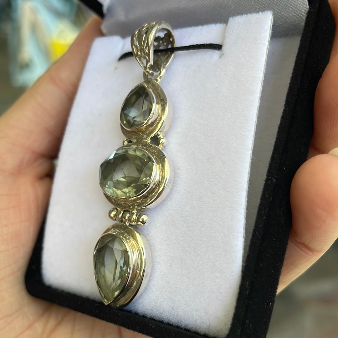 Green amethyst sterling silver triple pendant - Rivendell Shop