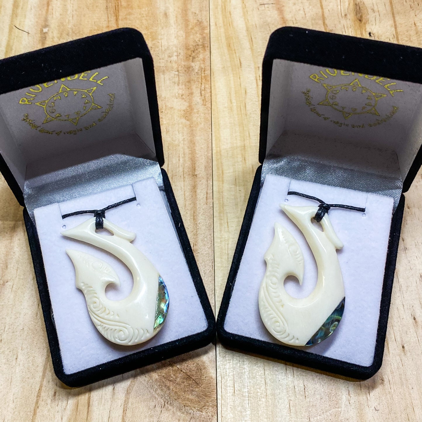 Handcarved Fish Hook Bone Carving Pendant With Paua - Hei Matau - Rivendell Shop