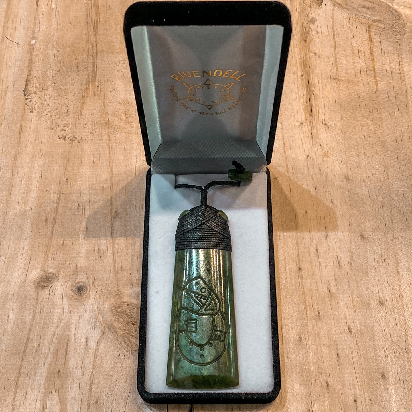 Large Greenstone Toki Pendant w Tiki Carving 84x32mm - Rivendell Shop