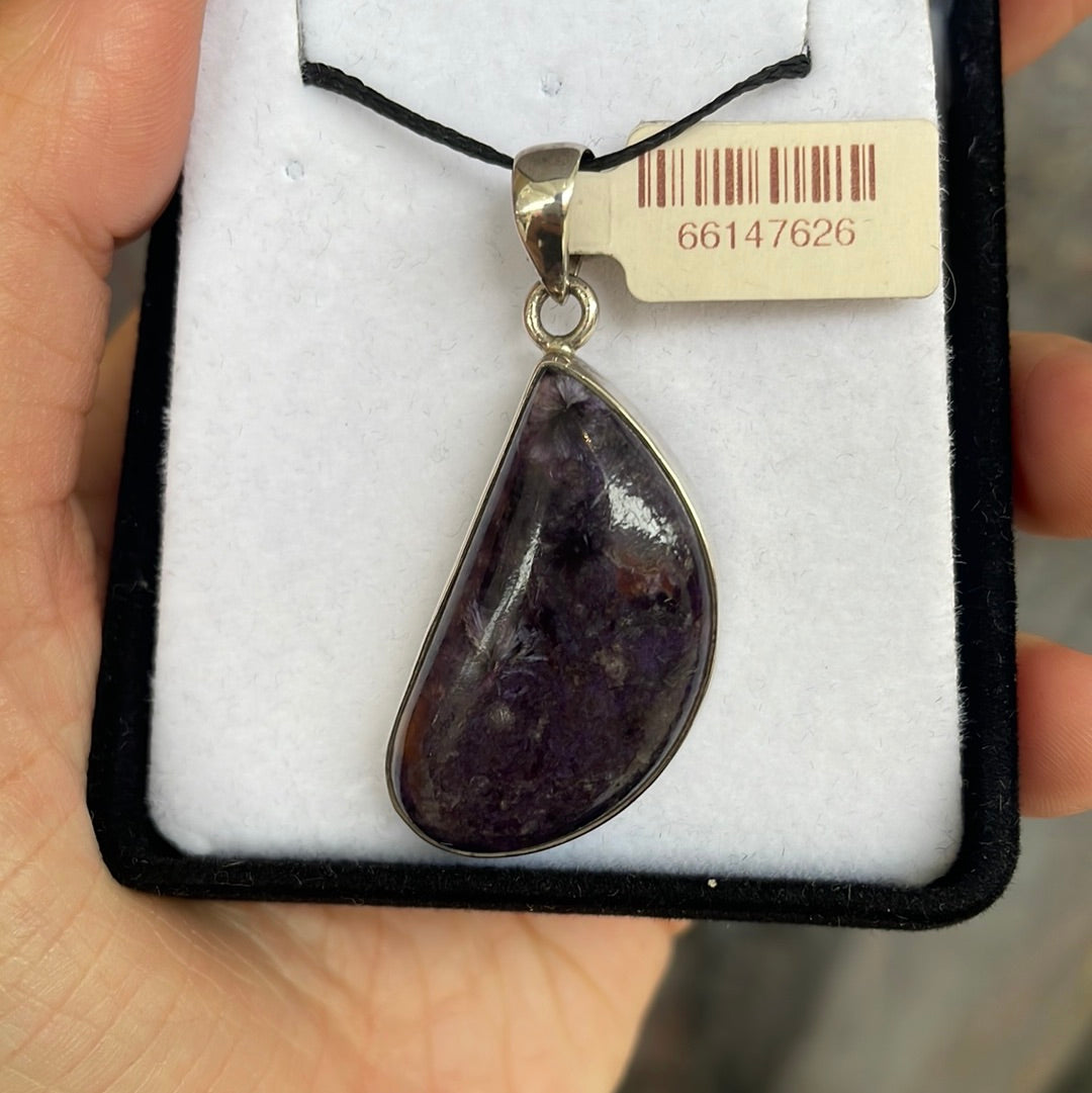 Oblique Teardrop Charoite 925 Sterling Silver Pendant - Rivendell Shop