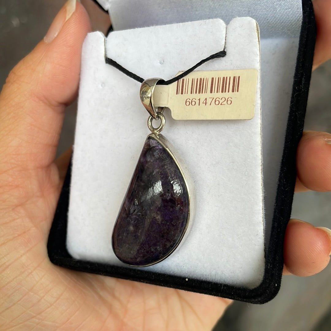 Oblique Teardrop Charoite 925 Sterling Silver Pendant - Rivendell Shop