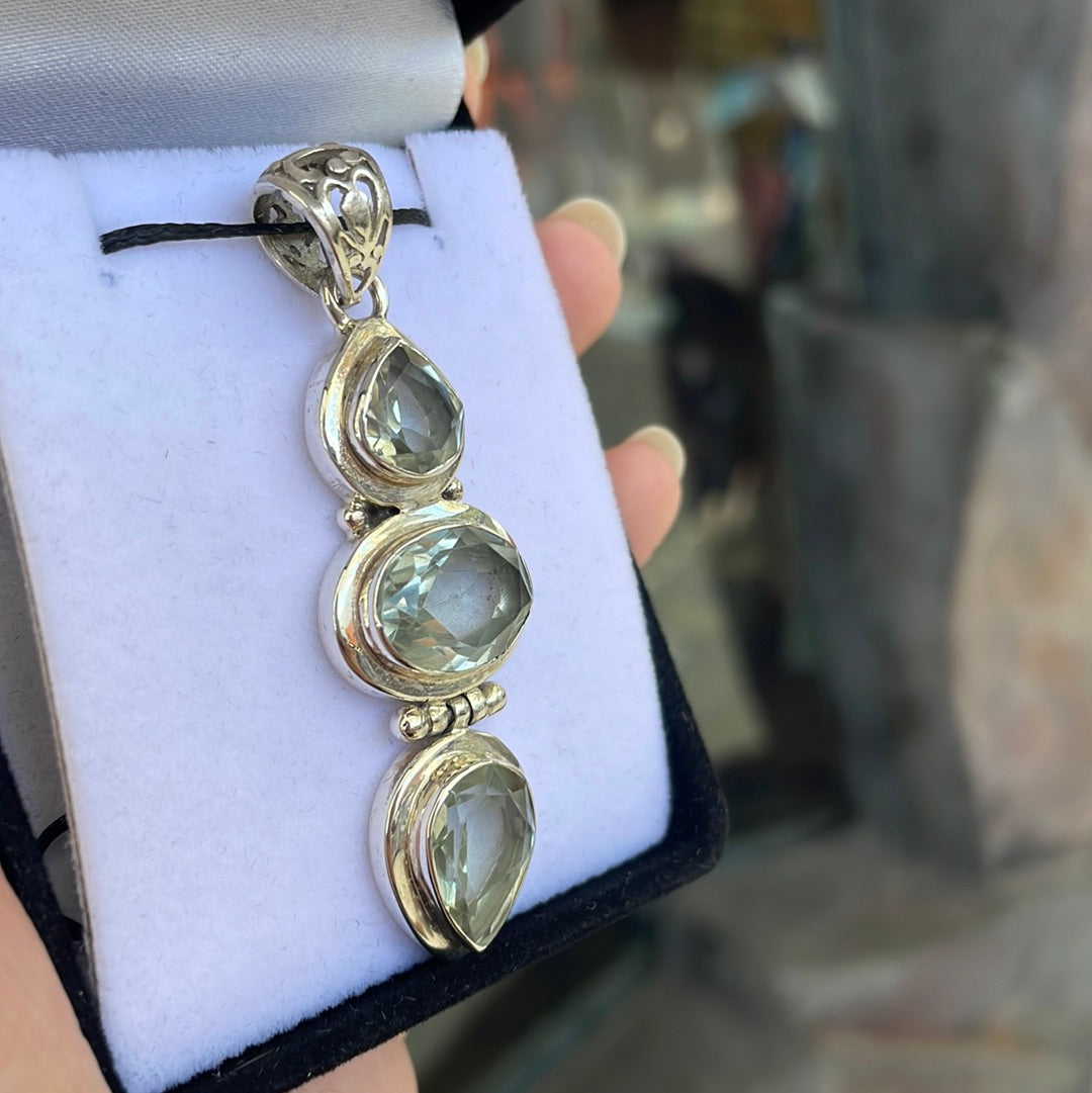 Green amethyst sterling silver triple pendant - Rivendell Shop