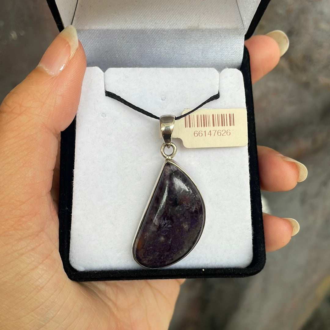 Oblique Teardrop Charoite 925 Sterling Silver Pendant - Rivendell Shop