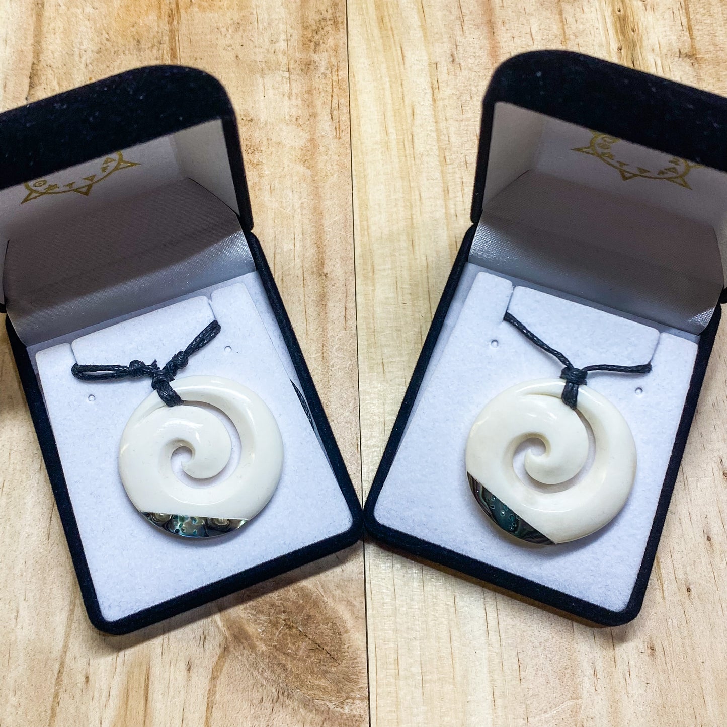 Handcarved Bone Enclosed Koru Pendant With Paua - Rivendell Shop