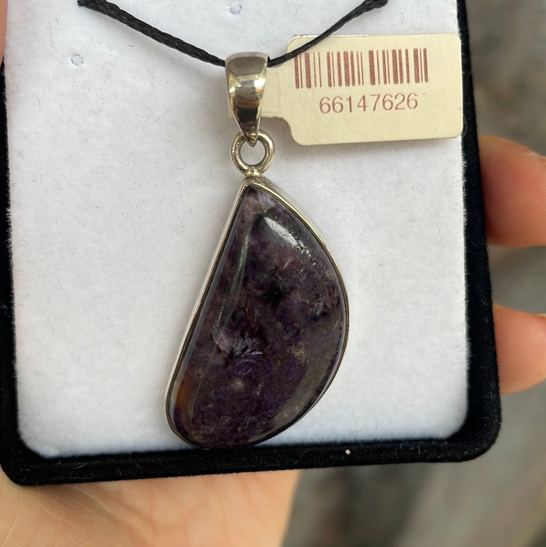 Oblique Teardrop Charoite 925 Sterling Silver Pendant - Rivendell Shop