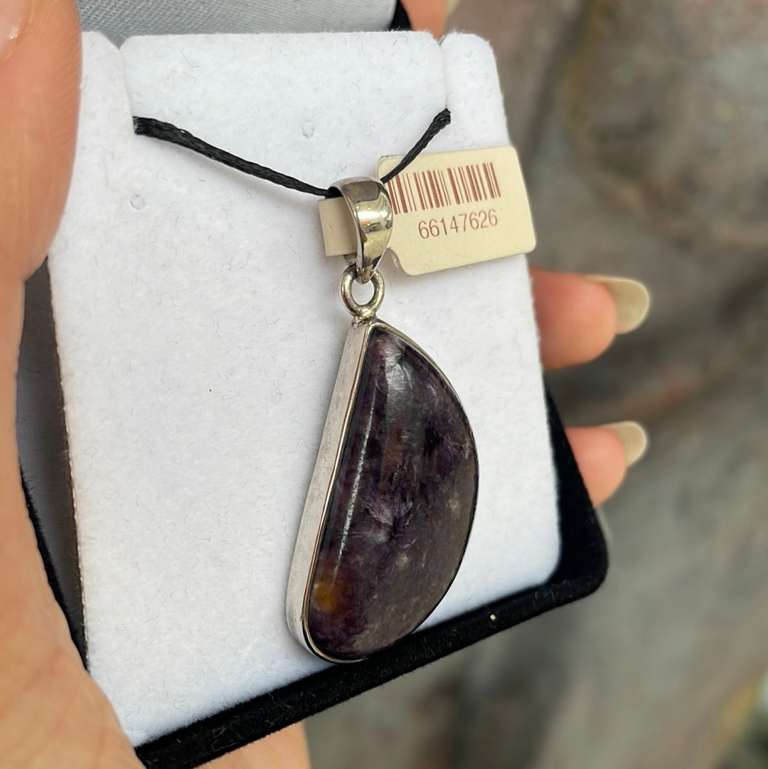 Oblique Teardrop Charoite 925 Sterling Silver Pendant - Rivendell Shop