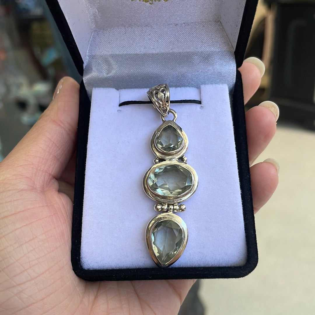 Green amethyst sterling silver triple pendant - Rivendell Shop
