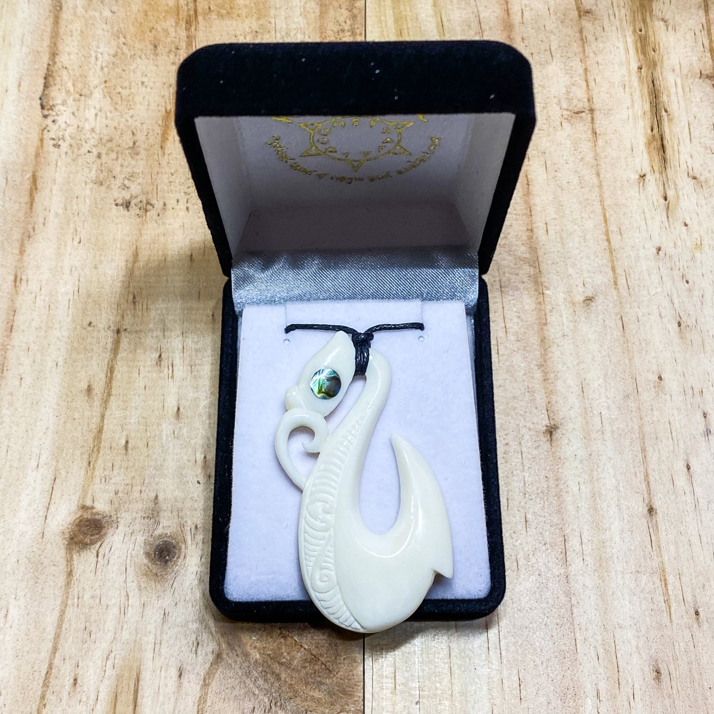 Handcarved Fish Hook Bone Carving Pendant w Paua Eye - Manaia - Rivendell Shop