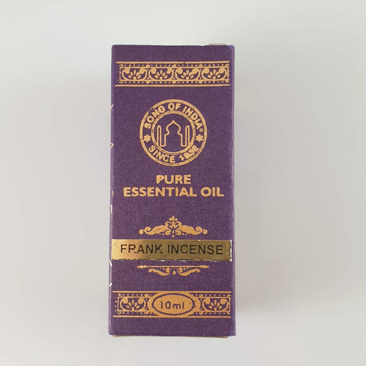 Purple and gold Song of India box of frankincense pure essential oil, 10 ml, on a pale counter