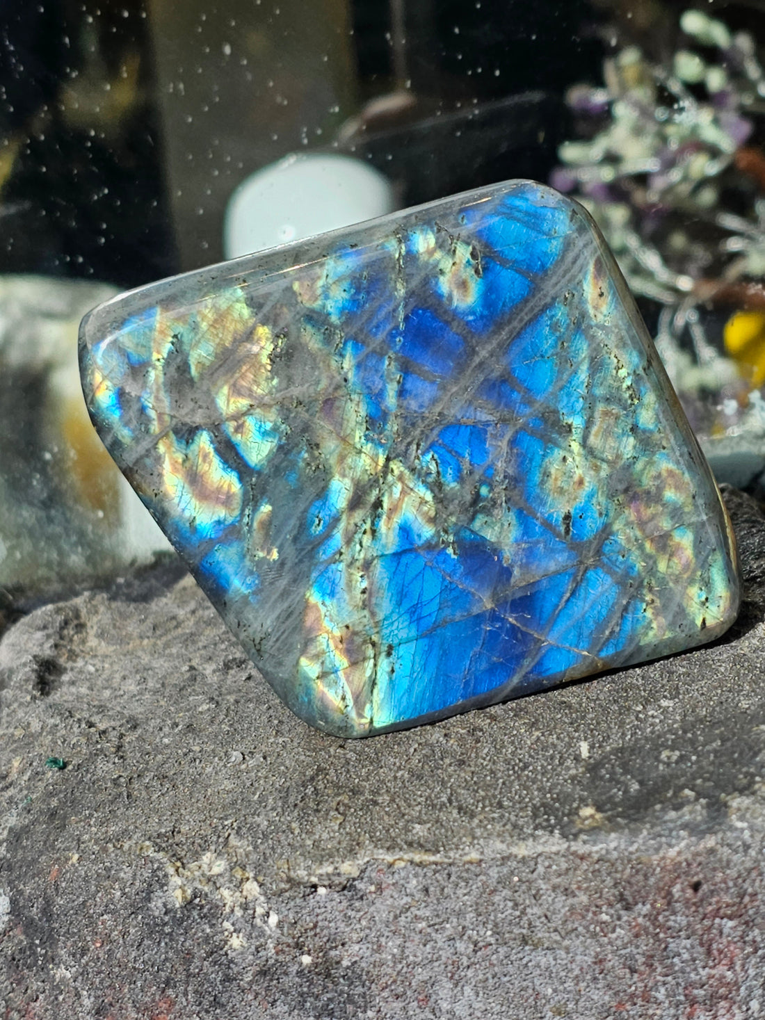 Polished labradorite freeform with a bright blue and gold flash, standing on a stone shelf in the Rivendell shop