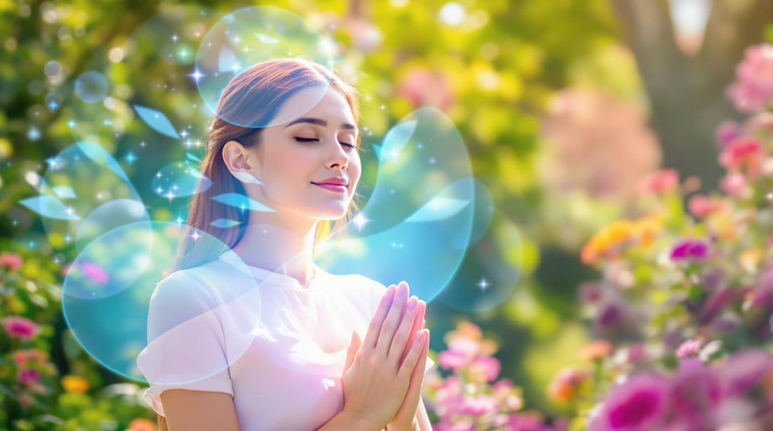Woman meditating in a flower garden inside translucent blue energy bubbles.