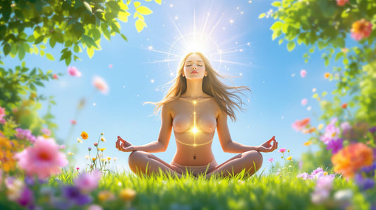 Illustration of a person meditating outdoors with golden light around them