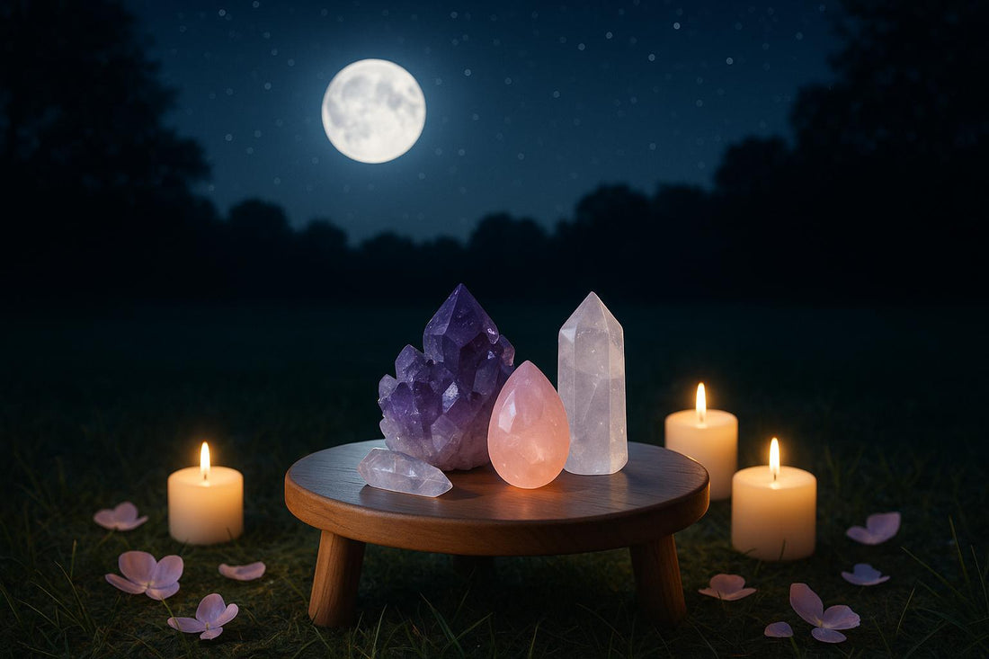 Amethyst, rose quartz and clear quartz beneath a full moon and candlelight