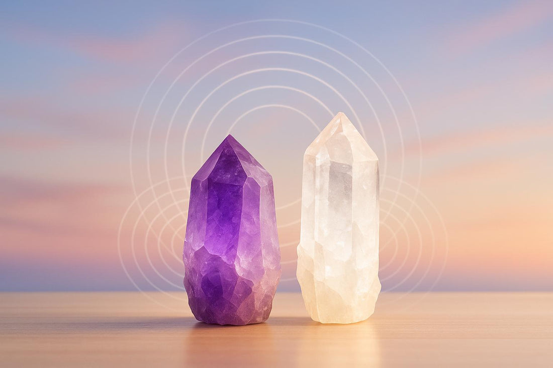 Purple and clear crystal points beside white sound-wave rings.