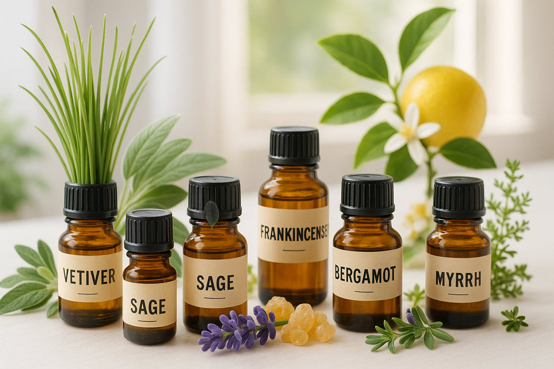 Amber essential-oil bottles among dried botanicals in warm light