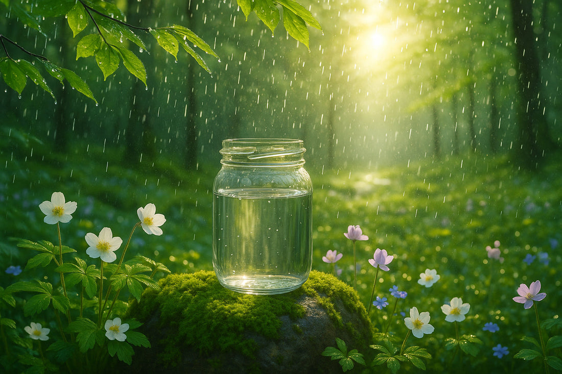 A glass jar collecting rainwater on a mossy stone among spring flowers, soft rain and green forest light behind it