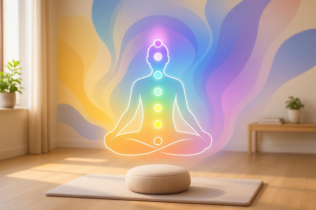 Glowing outline of a seated figure with seven coloured chakra points above a meditation cushion