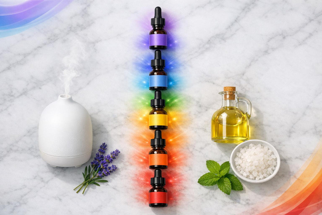Seven coloured oil bottles beside a white diffuser, lavender and mint