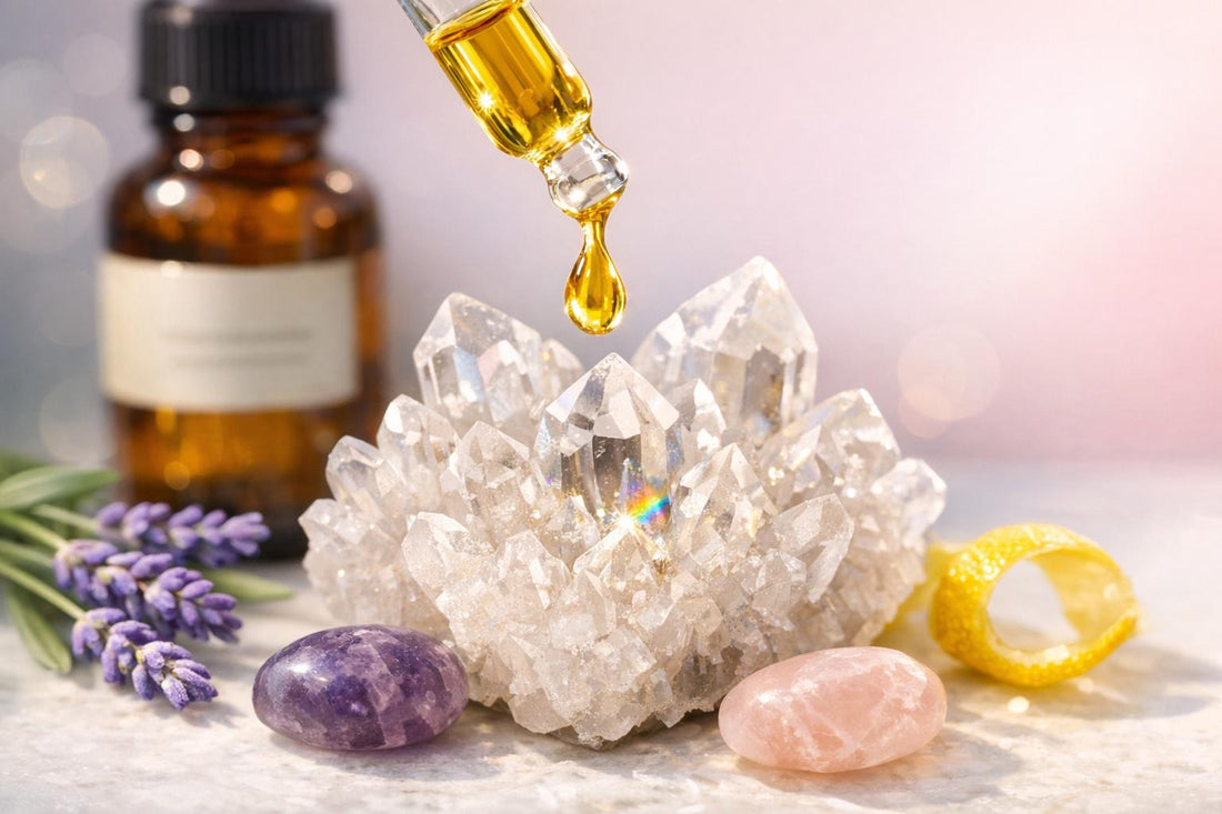Oil dropper above clear quartz, lavender, amethyst and rose quartz