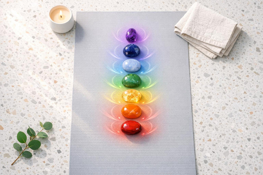 Seven rainbow chakra stones arranged in a line on a grey yoga mat beside a lit candle and eucalyptus