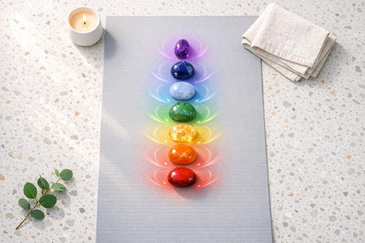 Seven rainbow chakra stones arranged in a line on a grey yoga mat beside a lit candle and eucalyptus