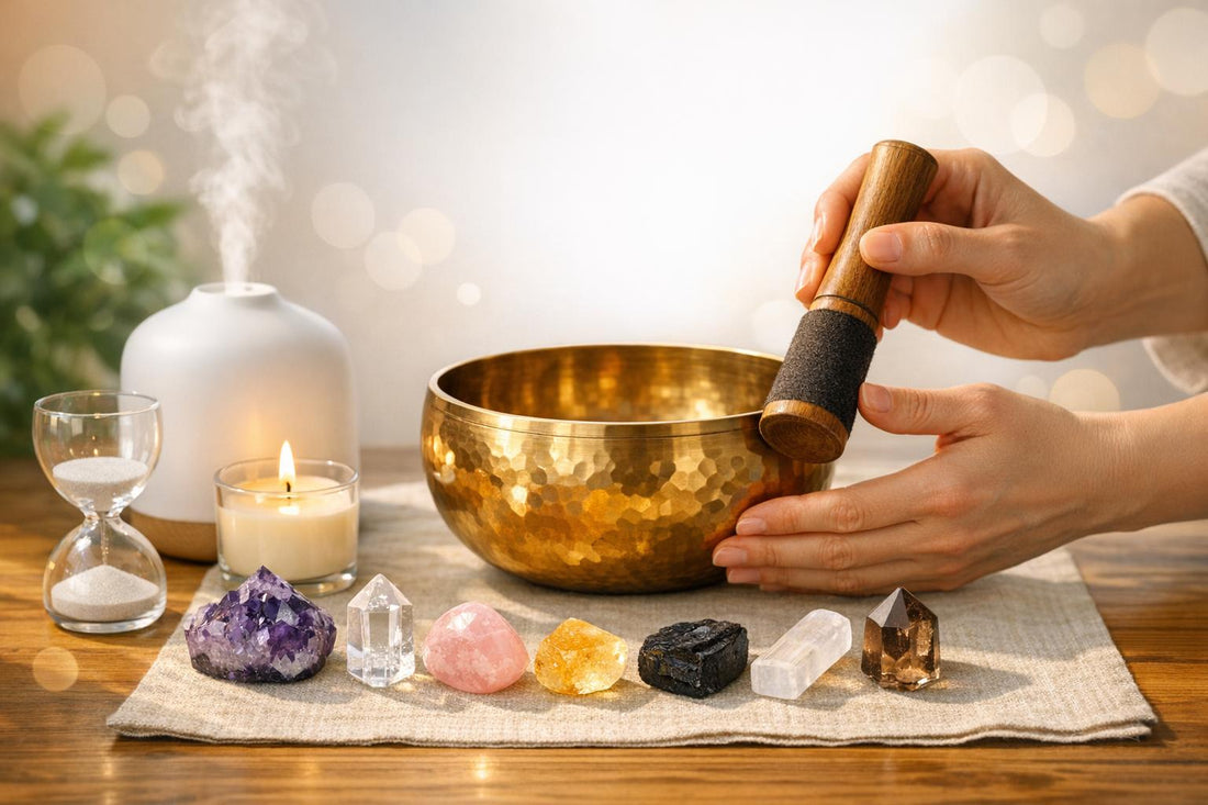Metal singing bowls with a striker beside tumbled crystals on a wooden surface