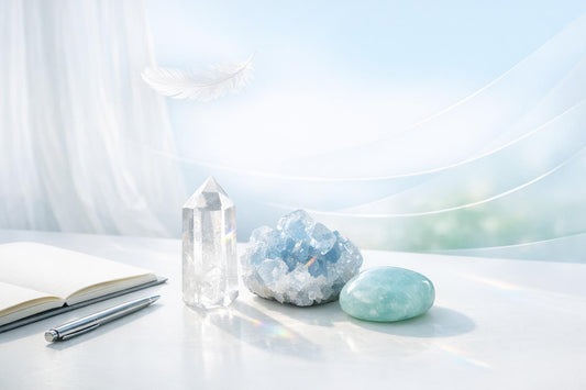 Clear crystal point and pale blue crystal cluster on an airy desk beside a notebook and feather