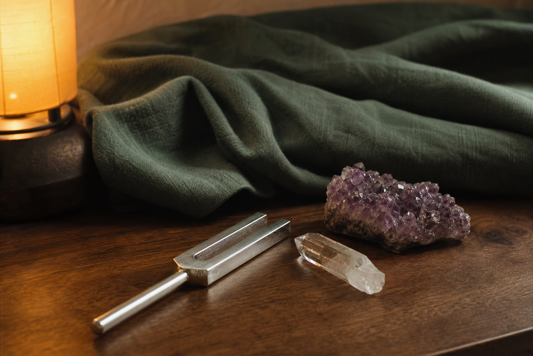 Silver tuning fork beside amethyst and clear quartz in warm lamplight.