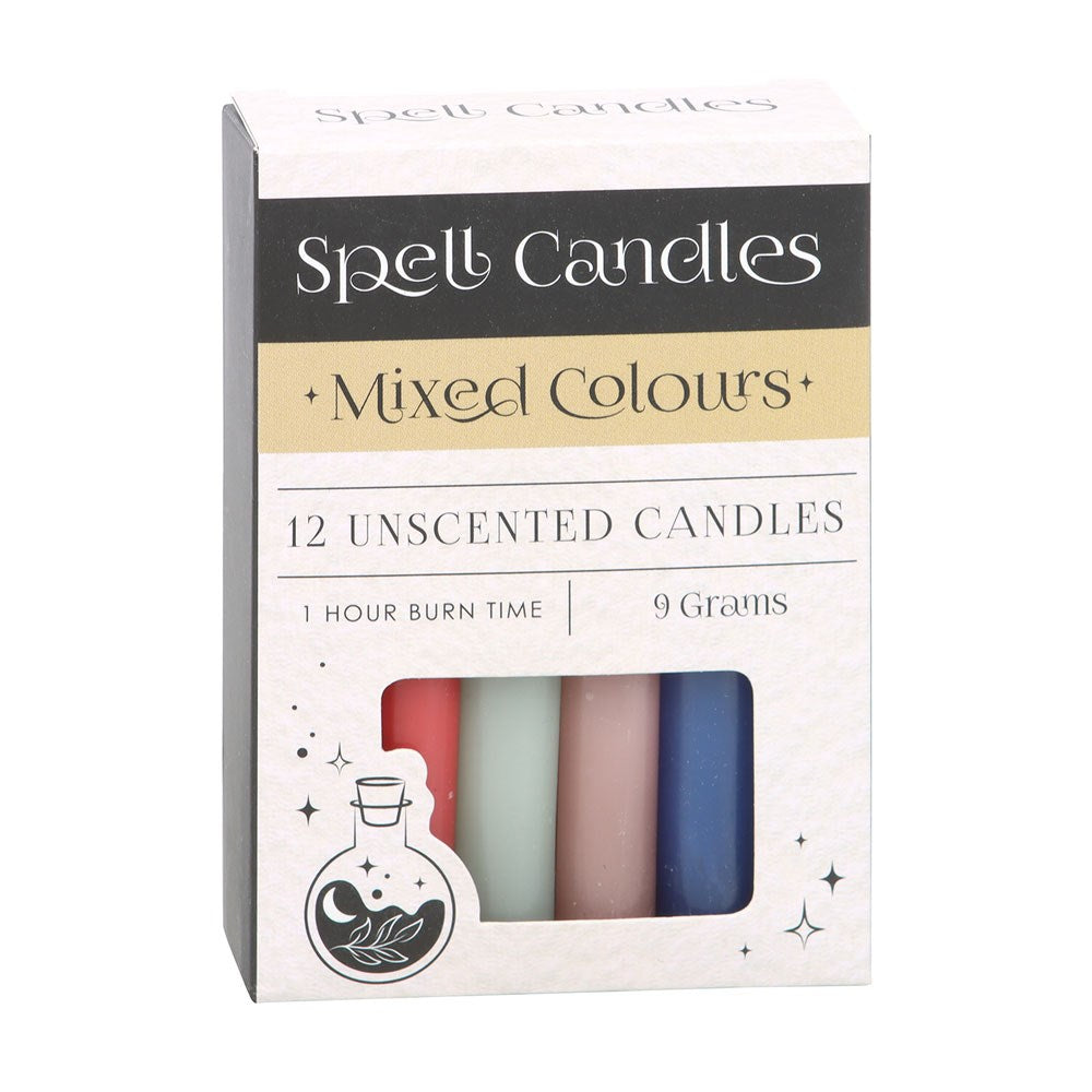 A set of mixed-colour spell candles in red, orange, green, blue, purple and white, an easy way to bring colour to a sacred space