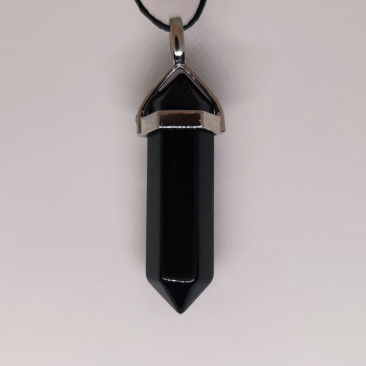 Black obsidian crystal point pendant on a black cord