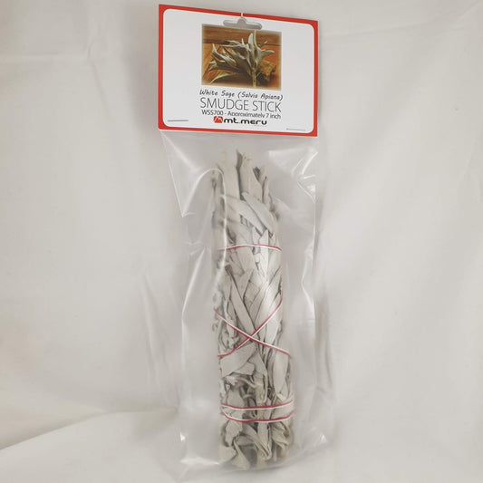 White sage smudge stick tied with red and white string in a clear bag with a Salvia apiana label