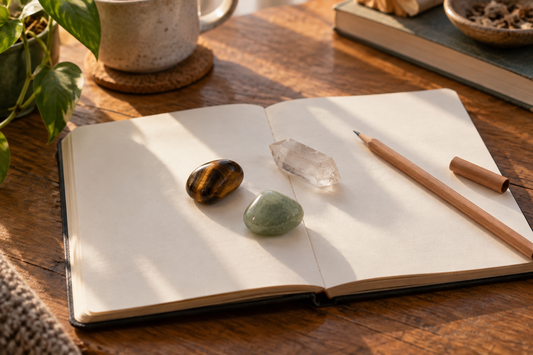 Tiger eye, green aventurine and clear quartz on an open notebook