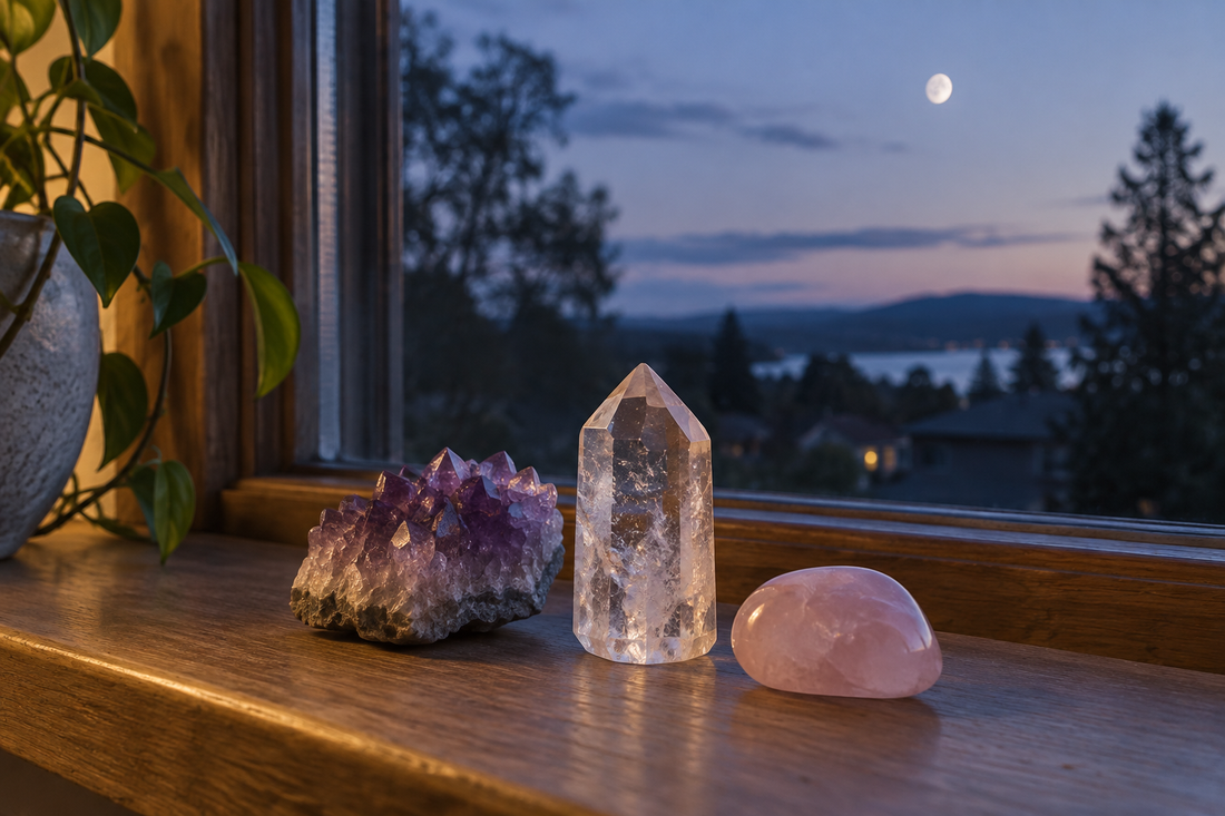 Amethyst, clear quartz and rose quartz on a windowsill beneath the moon