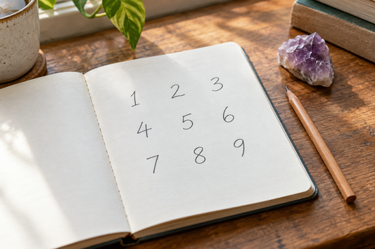 Notebook with clearly written digits one to nine beside a pencil and amethyst