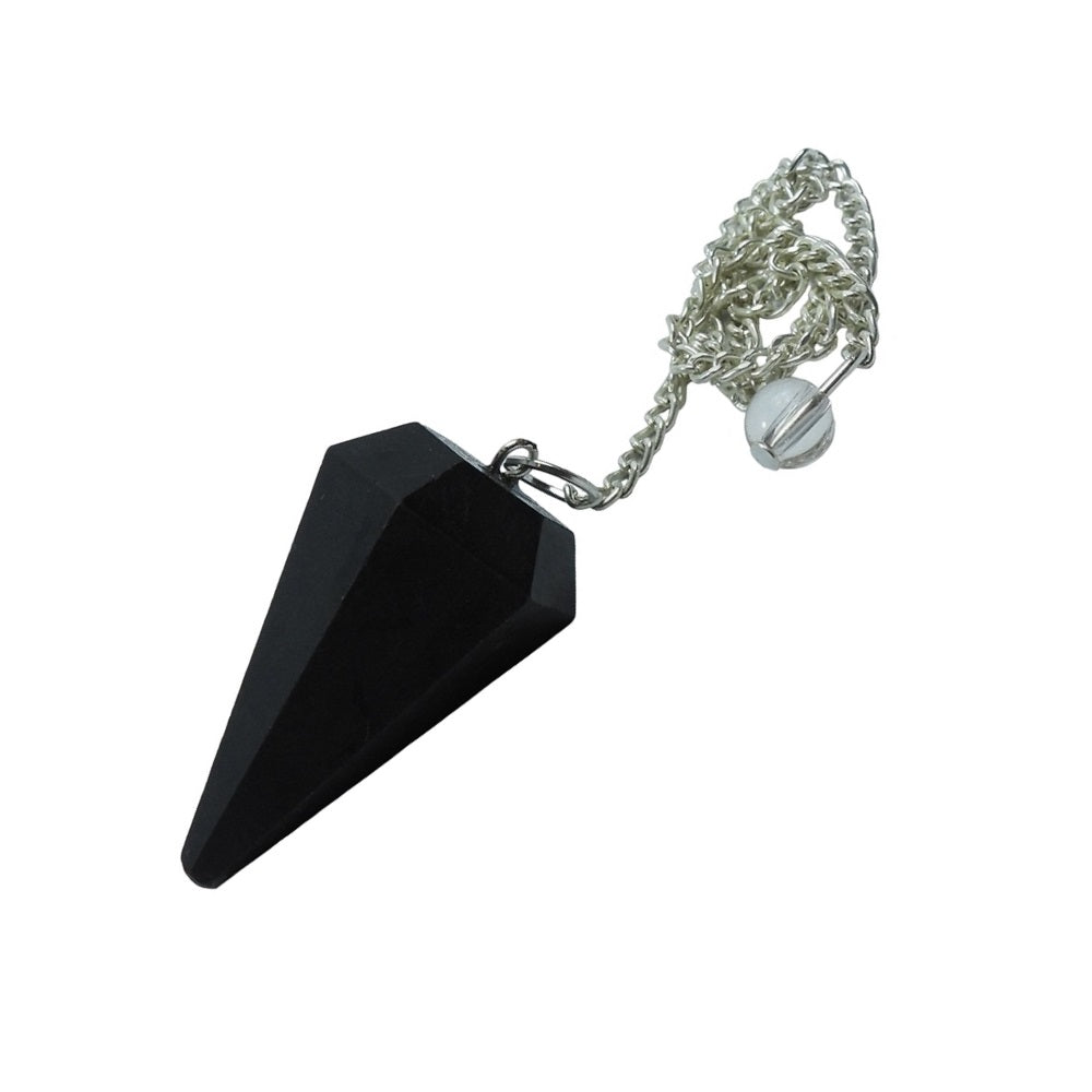 Faceted black obsidian pendulum with a silver-coloured chain and clear end bead