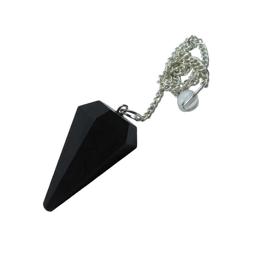 Faceted black obsidian pendulum with a silver-coloured chain and clear end bead