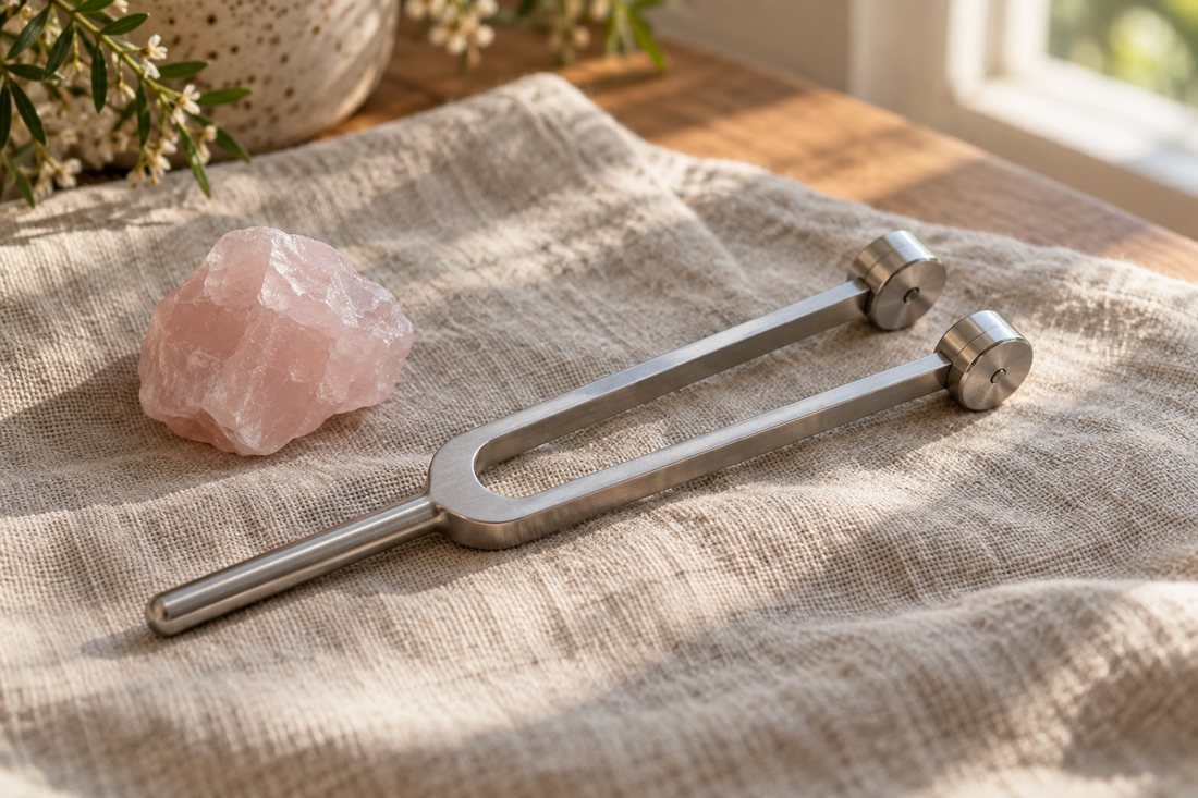 Weighted silver tuning fork resting beside rough rose quartz on linen