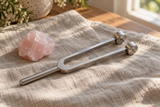 Weighted silver tuning fork resting beside rough rose quartz on linen