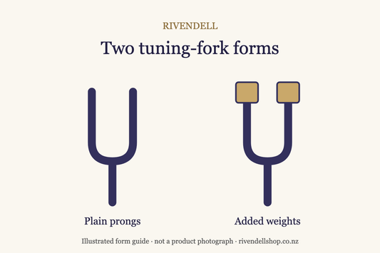 Illustrated tuning forks with plain prongs and added weights