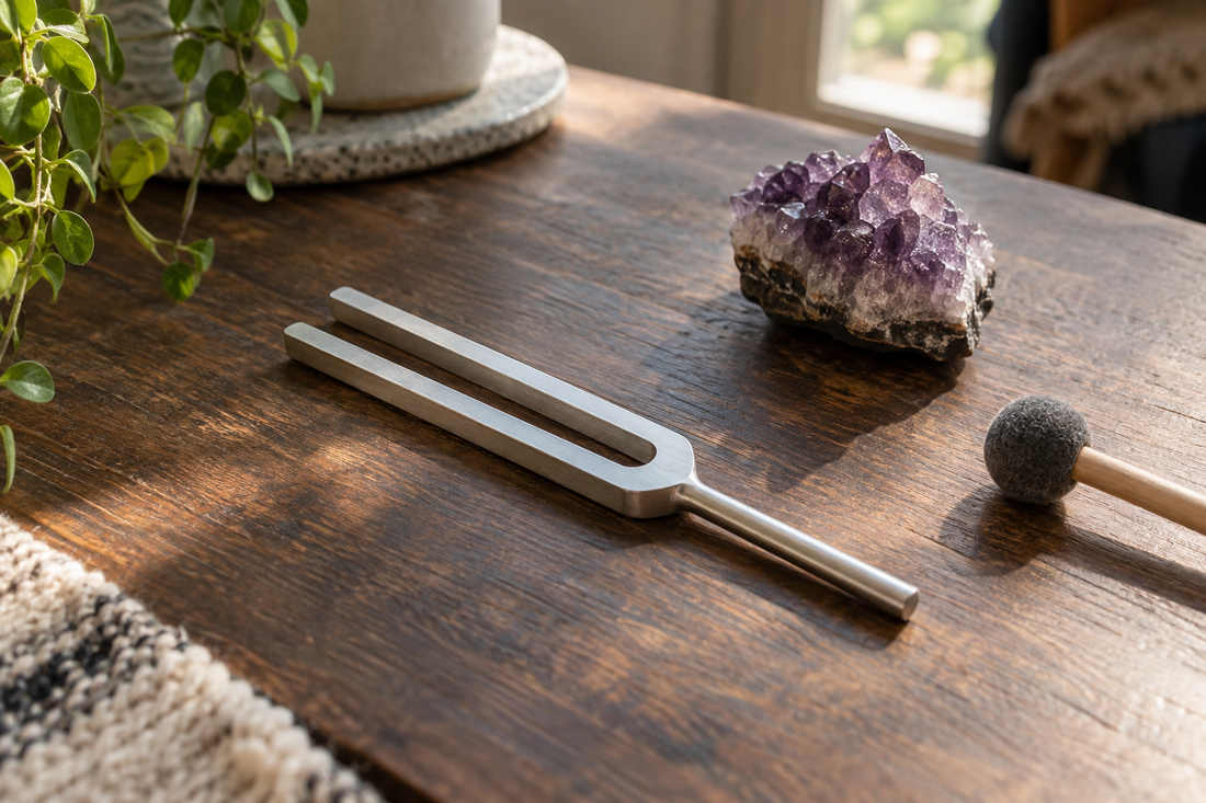 Silver tuning fork and amethyst cluster on a wooden table