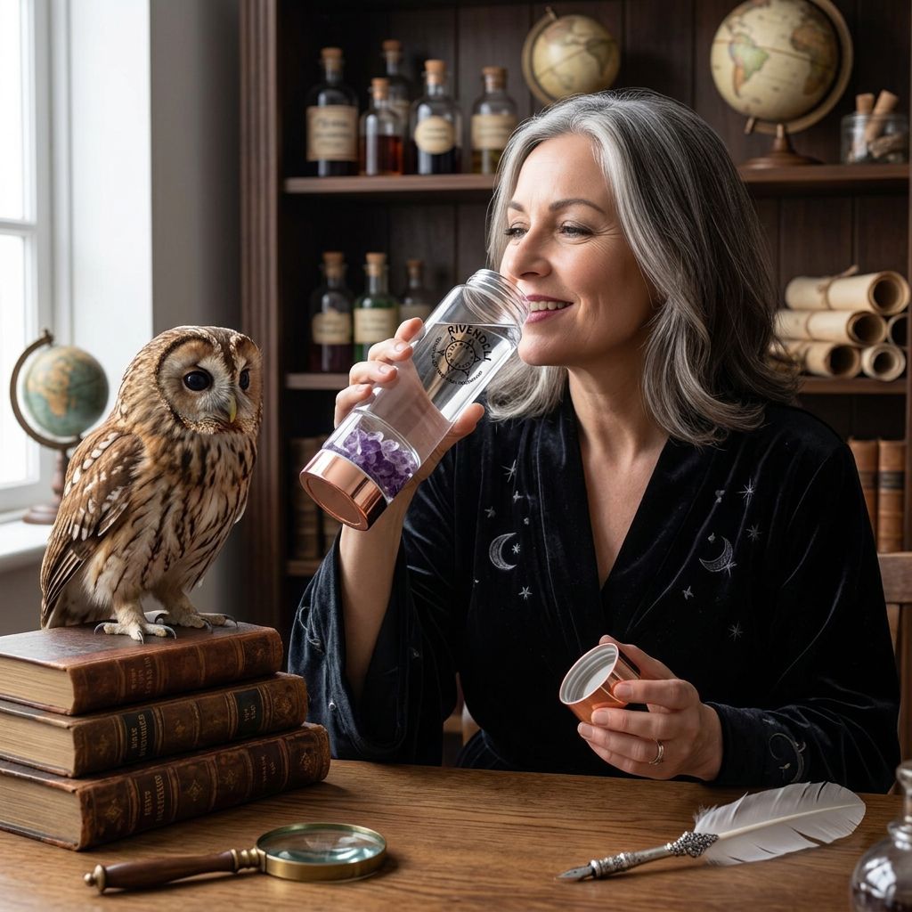 Rivendell Elixir: Amethyst Crystal Water Bottle — AI fantasy-character-product-use