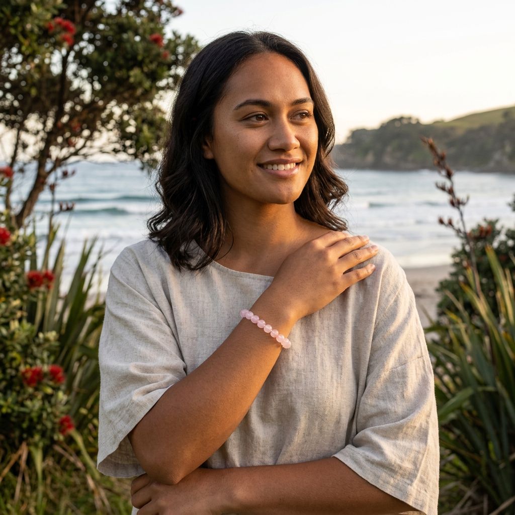 Rose Quartz Round Bead Crystal Bracelet — AI model-maori