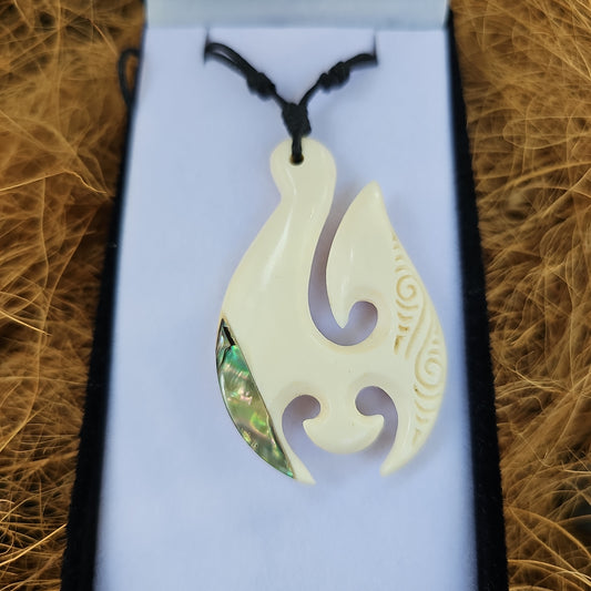 Handcarved Large Bone Carving Pendant with Paua - Rivendell Shop