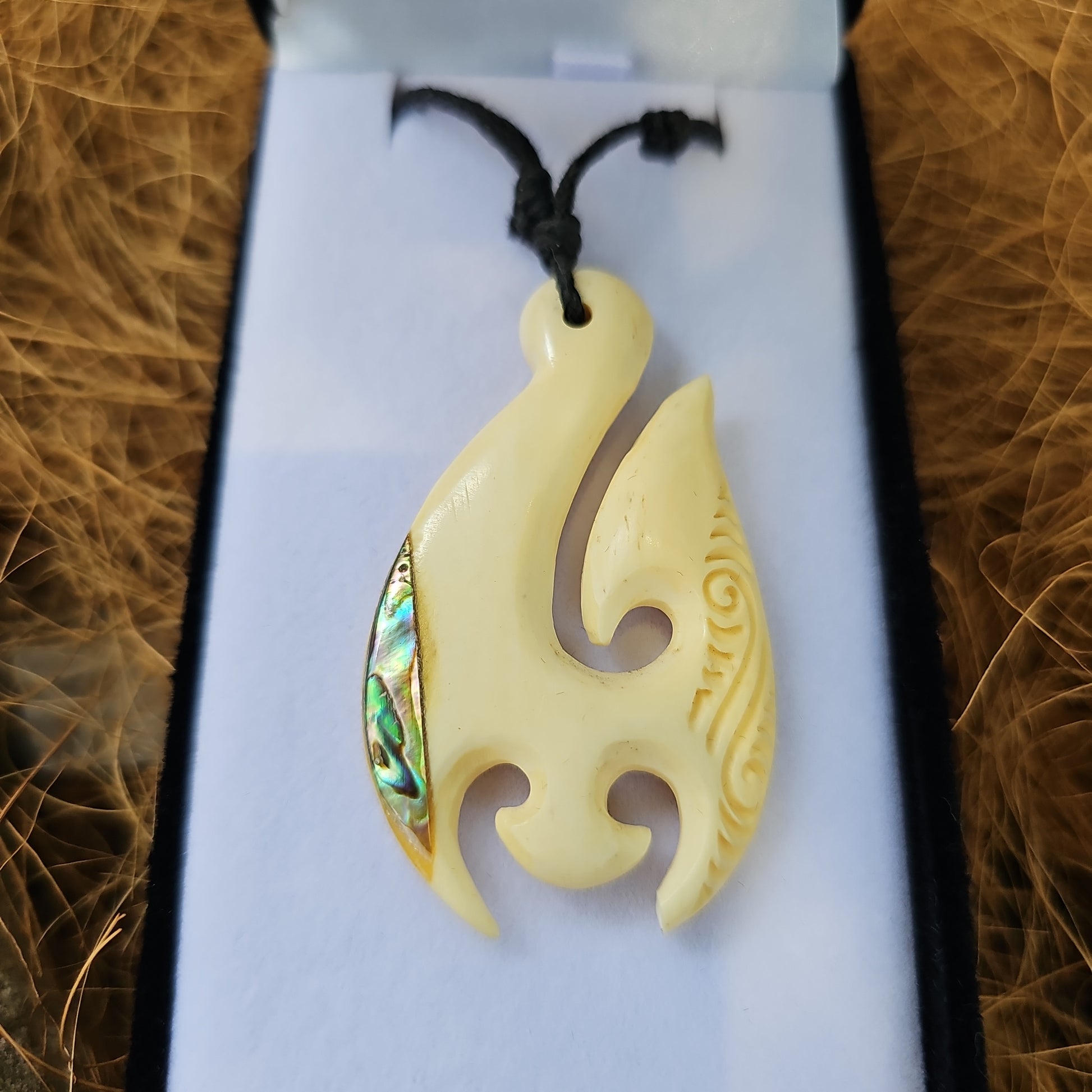 Handcarved Large Bone Carving Pendant with Paua - Rivendell Shop