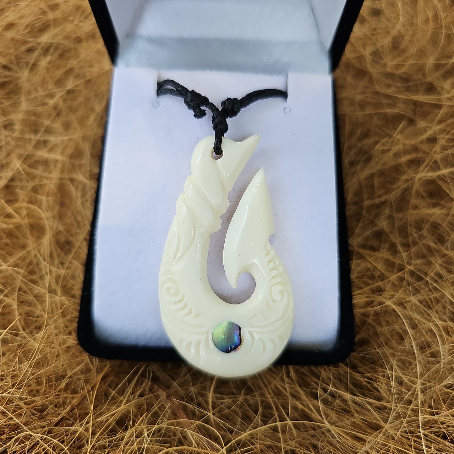 Handcarved Fish Hook Bone Carving Pendant with Paua - Rivendell Shop