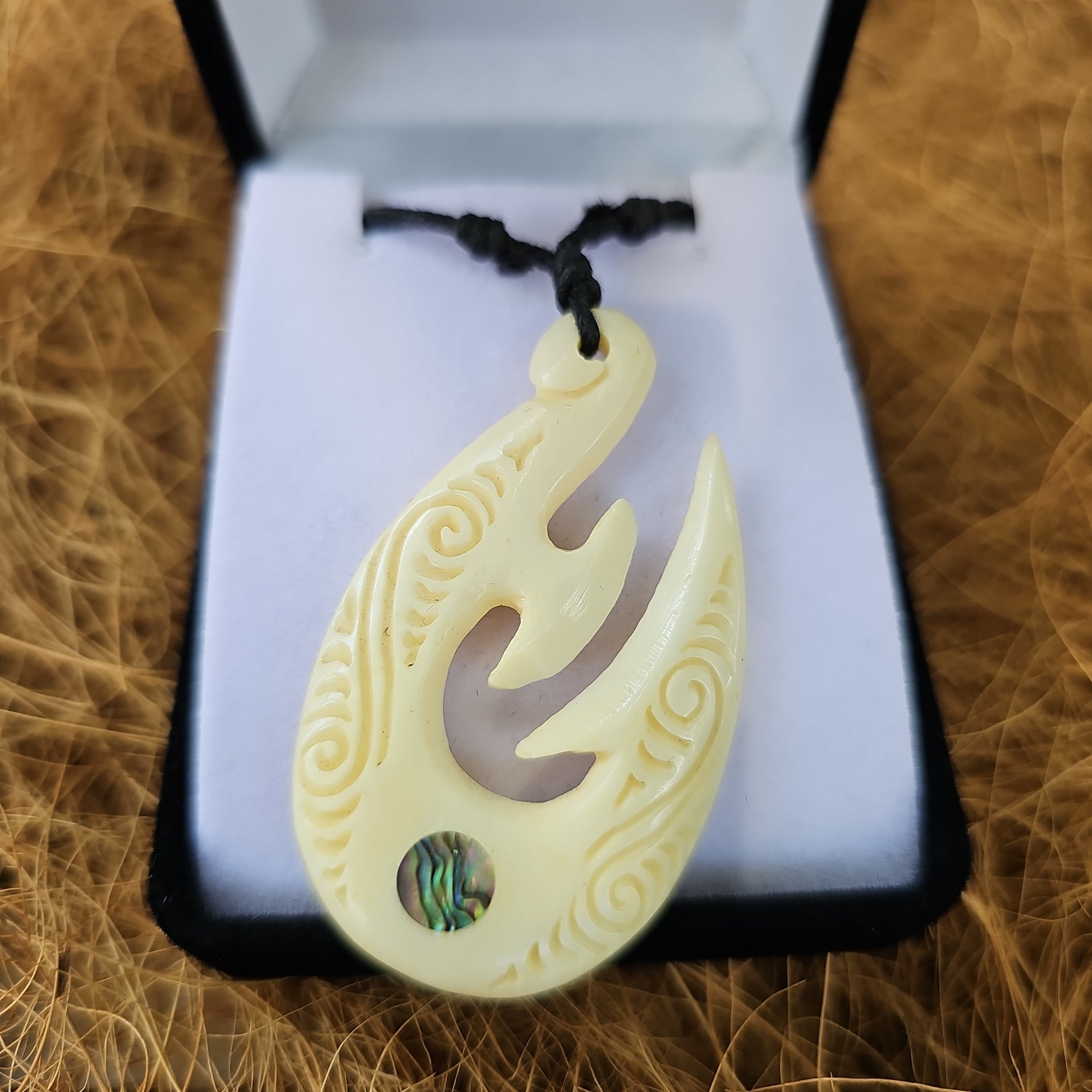 Handcarved Bone Carving Pendant with Paua - Rivendell Shop