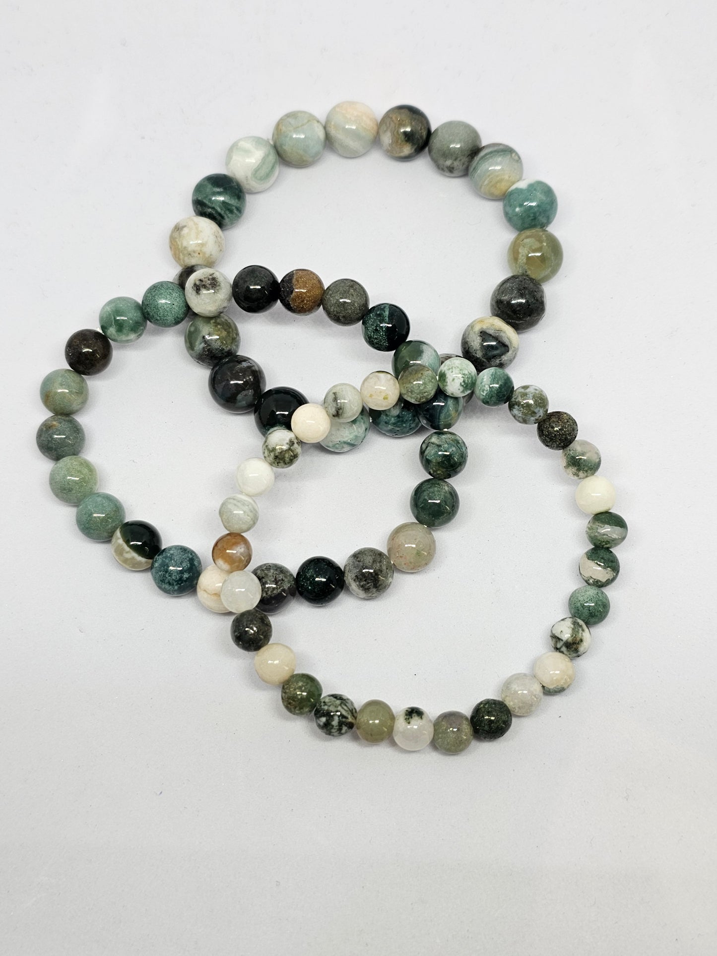 Moss Agate Round Bead Crystal Bracelet - Rivendell Shop