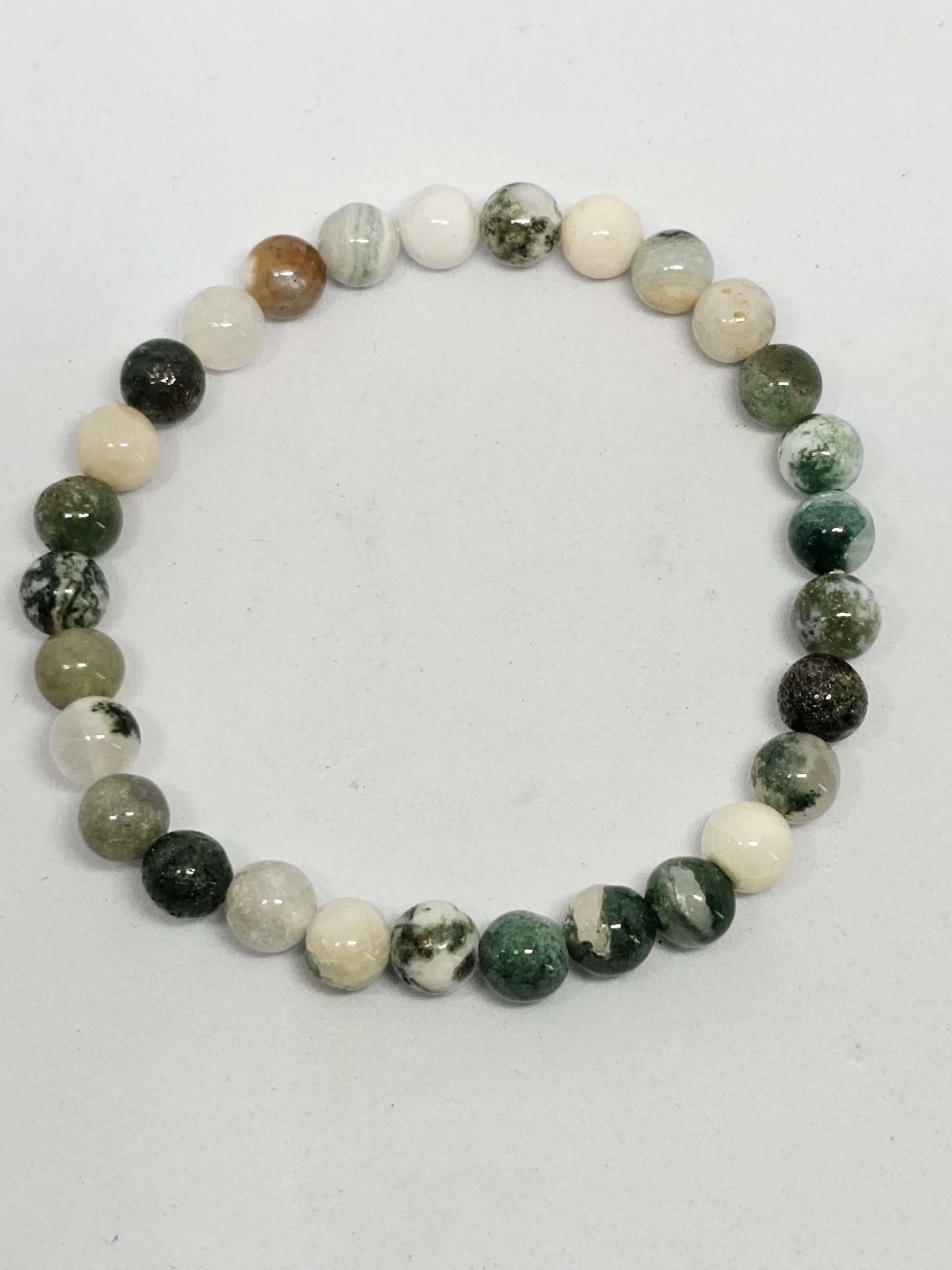 Moss Agate Round Bead Crystal Bracelet - Rivendell Shop