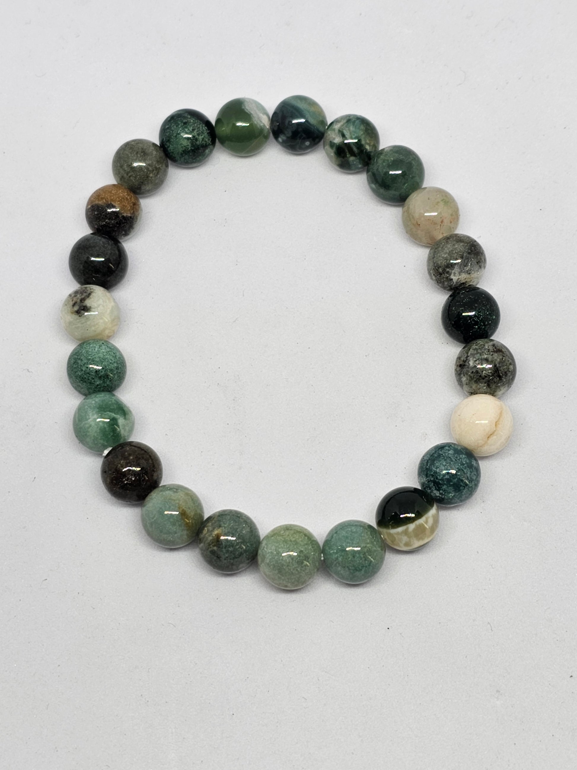 Moss Agate Round Bead Crystal Bracelet - Rivendell Shop